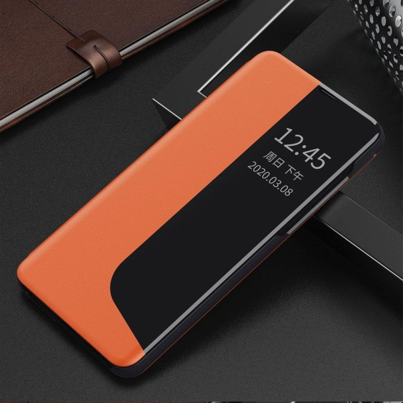 Eco Leather View Case elegantiškas dėklas su atvartu ir stovo funkcija, skirta Huawei P40 Lite oranžinei spalvai