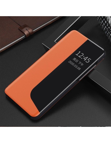 Eco Leather View Case elegantiškas dėklas su atvartu ir stovo funkcija, skirta Huawei P40 Lite oranžinei spalvai