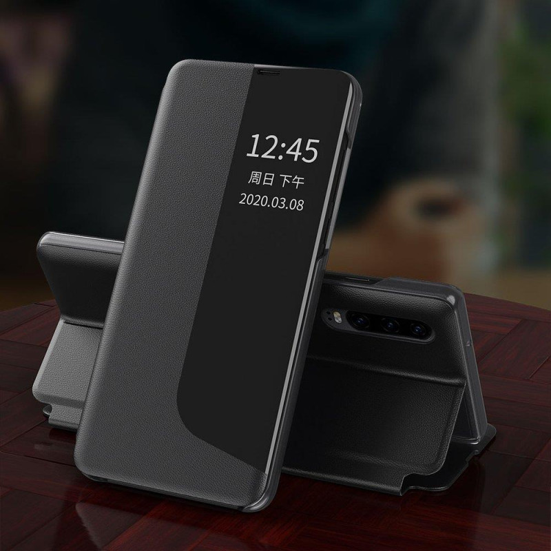 Eco Leather View Case elegantiškas dėklas su atvartu ir stovo funkcija, skirta Huawei P40 Lite oranžinei spalvai