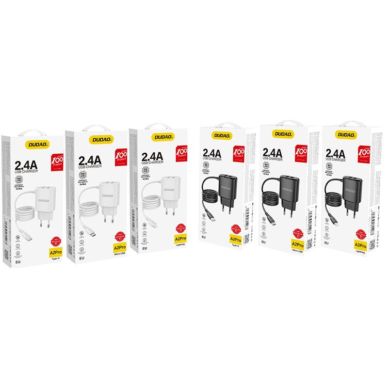 Dudao 2x USB sieninis įkroviklis su įmontuotu 12 W Lightning kabeliu juodas (A2ProL juodas) Dudao 2x USB sieninis įkroviklis su įmontuotu 12 W Lightning kabeliu juodas (A2ProL juodas)