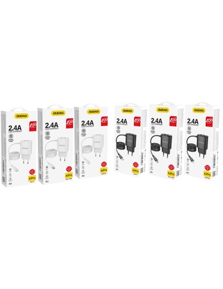 Dudao 2x USB sieninis įkroviklis su įmontuotu 12 W Lightning kabeliu juodas (A2ProL juodas)