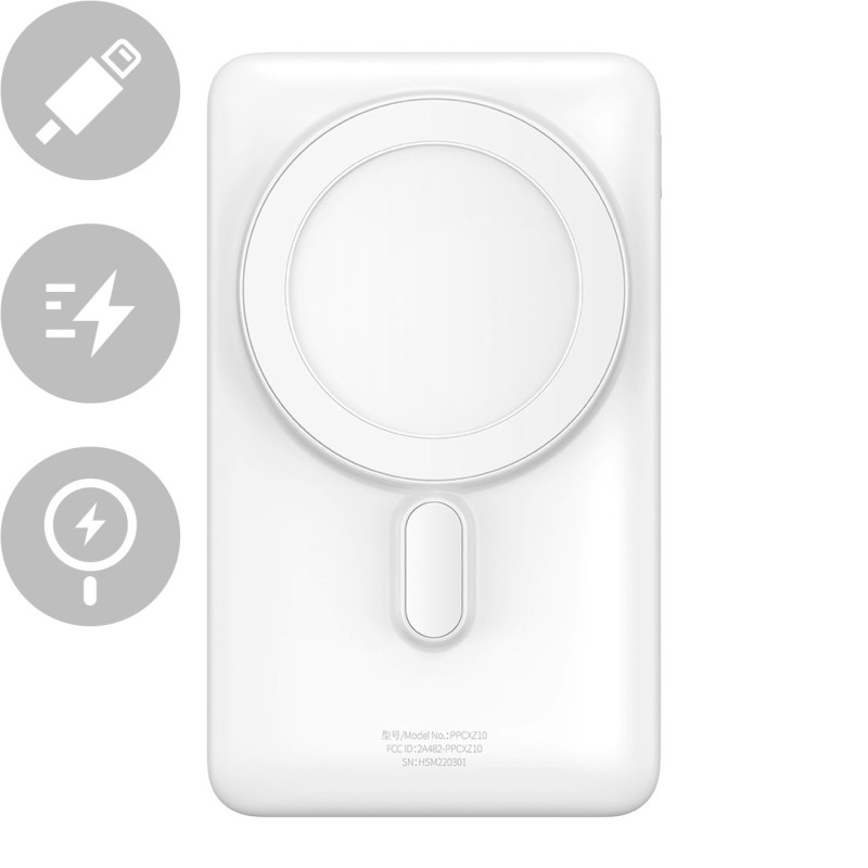 Maitinimo bankas su belaidžiu įkrovimu MagSafe 10000mAh 20W USB-C laidas 0,5m baltas