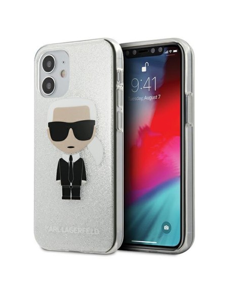 Karl Lagerfeld Glitter Ikonik Karl dėklas iPhone 12 mini - sidabrinis Karl Lagerfeld Glitter Ikonik Karl dėklas iPhone 12 mini - sidabrinis
