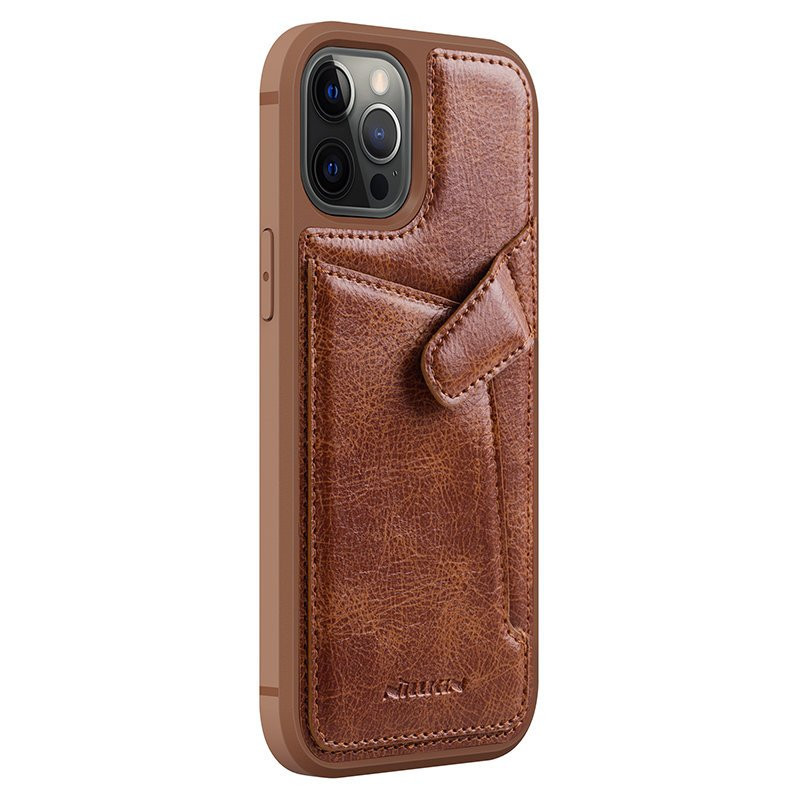 Nillkin Aoge Leather Case lankstus šarvuotas natūralios odos dėklas su kišene iPhone 12 mini rudai