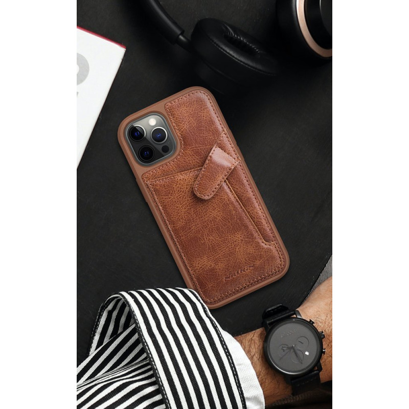 Nillkin Aoge Leather Case lankstus šarvuotas natūralios odos dėklas su kišene iPhone 12 mini rudai