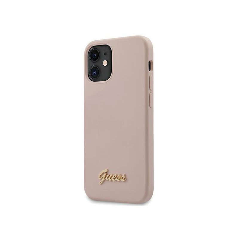 Guess Silicone Script Gold Logo dėklas iPhone 12 mini - šviesiai rožinis