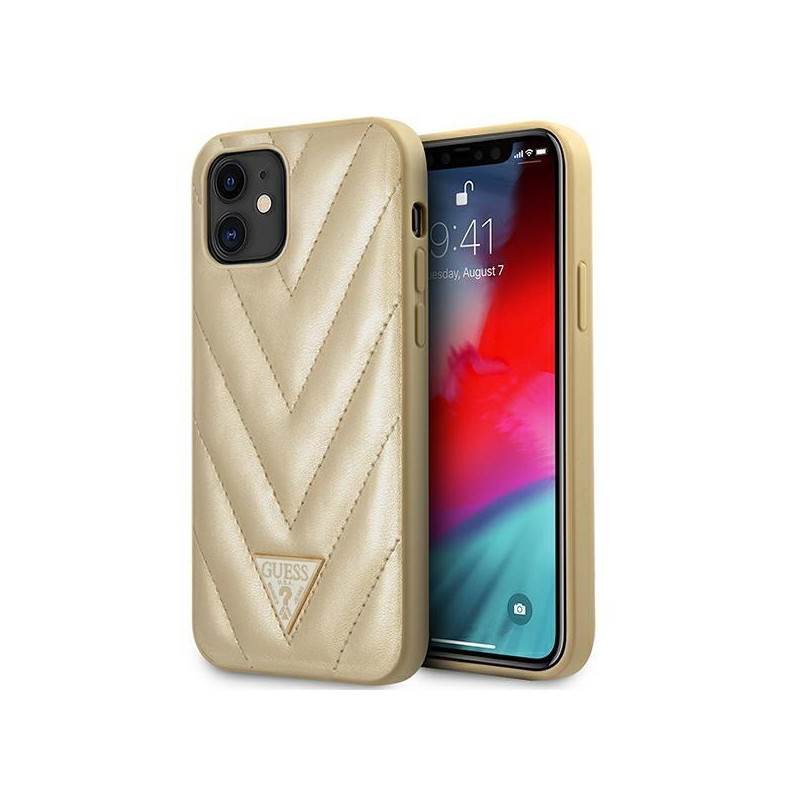 Guess V-Quilted Collection dėklas iPhone 12 mini - auksinis Guess V-Quilted Collection dėklas iPhone 12 mini - auksinis