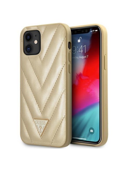 Guess V-Quilted Collection dėklas iPhone 12 mini - auksinis Guess V-Quilted Collection dėklas iPhone 12 mini - auksinis